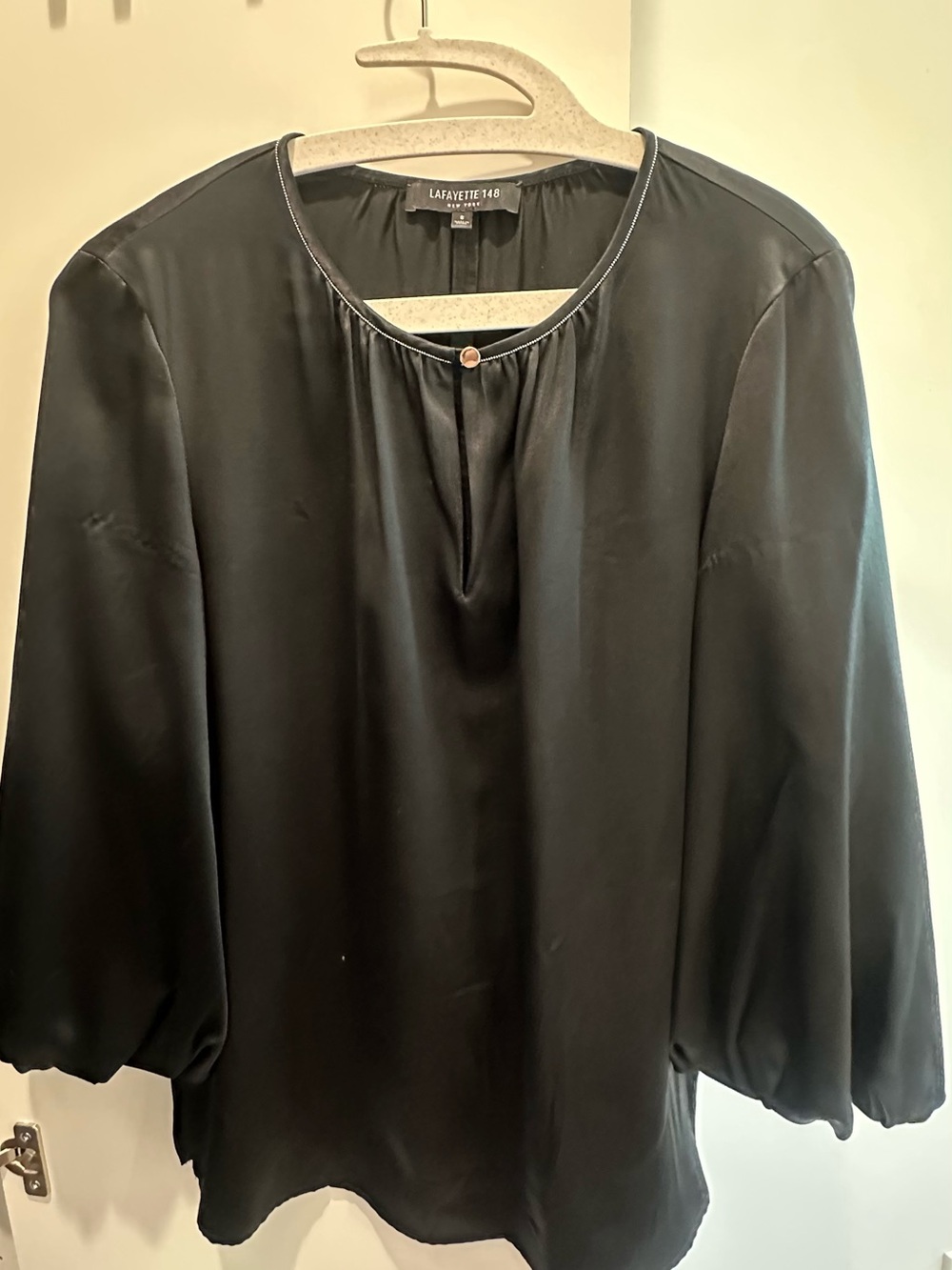 Lafayette 148 New York 100% Silk Black Blouse Balloon Sleeve Size S